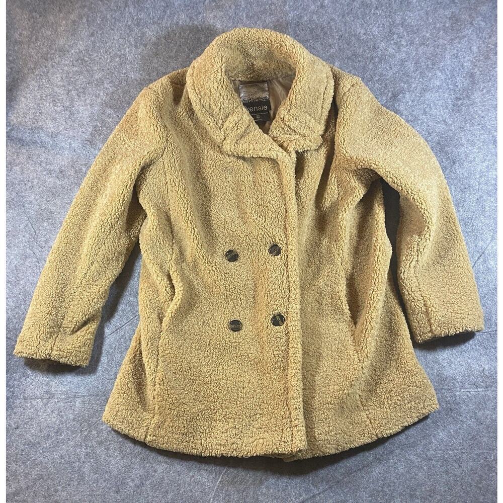 Kensie Coat Womenโs Large Brown Teddy Double Breasted Jacket Faux Fur